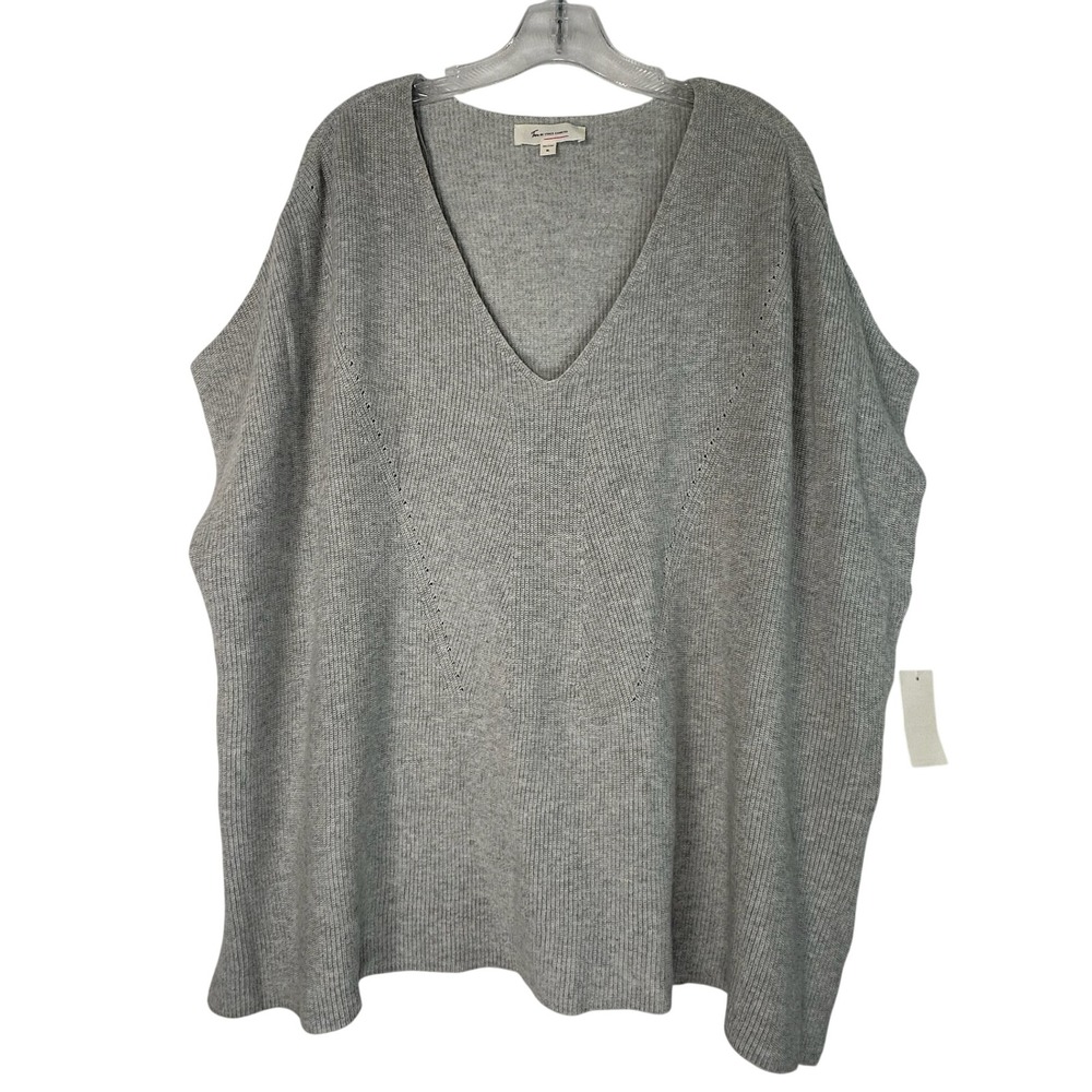 Two by Vince Camuto Roadtrip Grey Heather Ribbed Cotton V-Neck Poncho XL